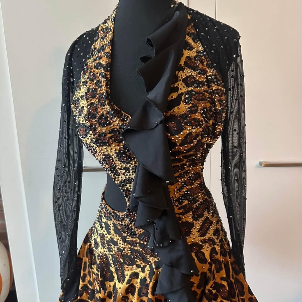 Leopard Print Dance Dress with Black Ruffle for latin dance